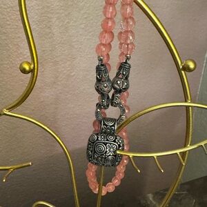 Beaded rose pink necklace with silver pendant